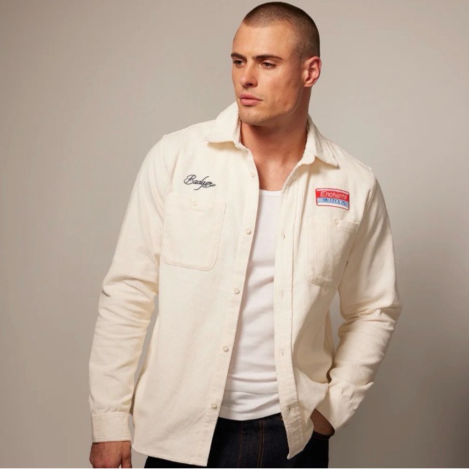 Men's Cream Corduroy Shirt Jacket With Embroidered Patch